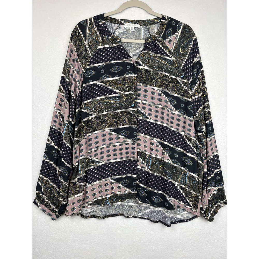 Daily Thread Blouse Womens XL Paisley Patchwork Print Button Front Boho